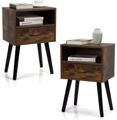 China Modern Set of 2 Wooden Nightstand, End Table Side Table with Solid Drawer and Shelf Legs for sale