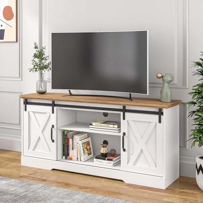 China Modern Tall Media Console Table With Adjustable Shelves TV Rack Cabinet Storage With Sliding Barn Door for sale