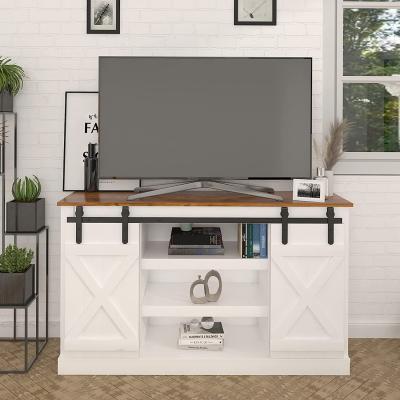 China Modern White 60 Inch TV Stand Wooden Sliding Barn Doors With Adjustable Shelves for sale