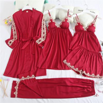 China Sleepwear Breathable Sexy Lace Women Hollow Pajamas 5 Pieces Set Solid Pajamas Lounge Wear for sale