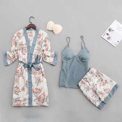 China Fashion Women Pajamas Pijamas Woman Verano Artificial Silk Long Robes Breathable Women Pajamas Set 3 Pieces for sale