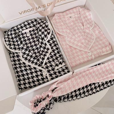 China Houndstooth Women's Satin Breathable Sleepwear Autumn Elegant Pajamas Long Sleeve Female Set Pajamas For Women Set Pajamas Nightgowns for sale