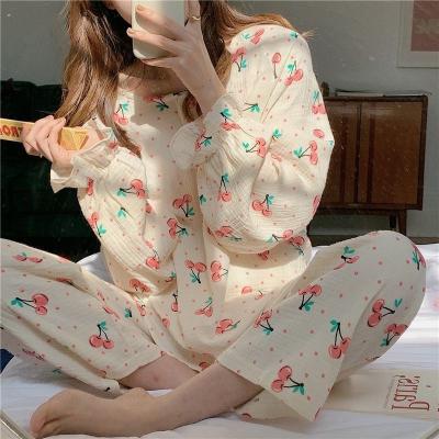 China Breathable Cotton Pijama Autumn Long Sleeve Pajamas Female Korean Set 2 Piece Cherry Suit Pajamas For Women Set Nightgowns Sleepwear for sale