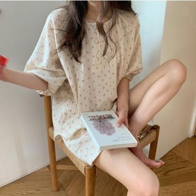 China Summer 2021 Korean Pajamas Spring Breathable Cotton Homewear Half Top And Shorts Soft Cherry Print Women Sleepwear Pajamas Nightgowns for sale