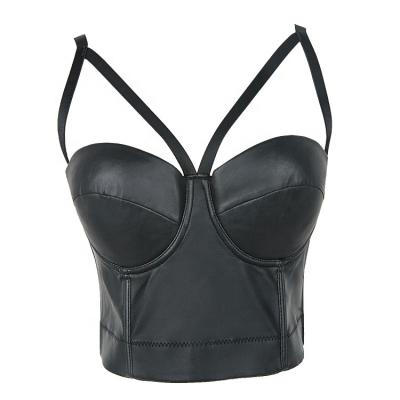 China Sustainable V-Neck Line Black Crop Top Leather Vest Off Shoulder Top Women for sale