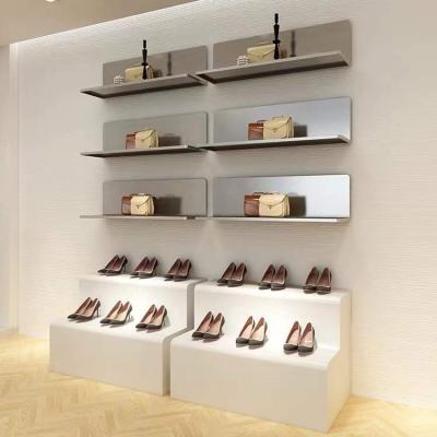 China Luxury Modern Shoe Store Display Showcase Shoe Store Gold Silver Metal Display Cabinet Customized Logo Adjustable Shoe Bag Display Rack for sale