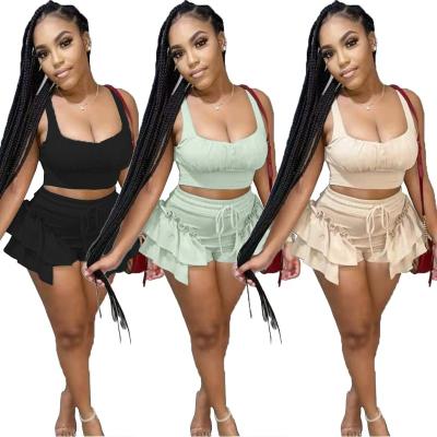 China Anti-pilling new 2021 summer hot selling solid color vest crop tops and ruffled shorts set for sale