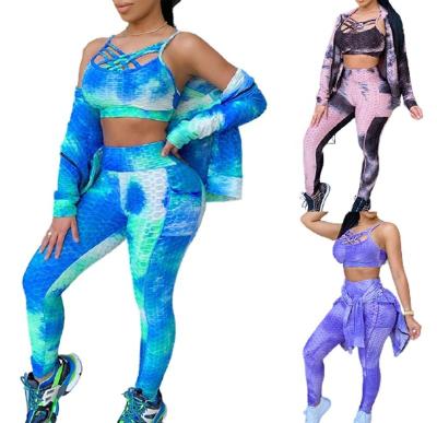 China Breathable Women Gym Wear Yoga Set 3 Piece Tie Dye Long Sleeve Active Wear Ladies Yoga Sets Fitness Women Sportswear for sale