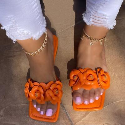 China Fashion trend new spring flower orange and summer style flat bottom camellia rose design red outdoor sandals new women's large size slippers for sale