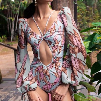 China C0818- 2021 Breathable Swimwear Hollow Out Long Sleeve Floral Backless One Piece Swimsuit Designers Swimsuits for sale