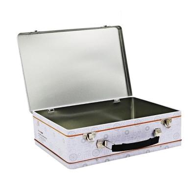 China Custom Rectangle Shape Suitcase Tin Box Metal Lunch Tin Can with Lock and Plastic Handle Gift Packaging Tin Box for sale