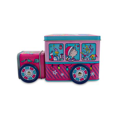 China Custom Rectangular Biscuit Candy Promotion Gift Packaging Bus Shape Tin with Wheel for sale