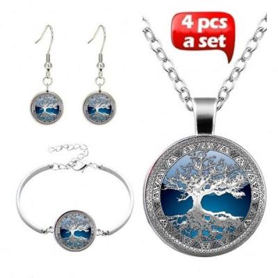 China TRENDY 4Pcs Women's Fashion Gift Celtic Tree of Life Jewelry Cabochon Necklace Stud Earrings Creative Glass Bangle Bracelet Set 2023 for sale