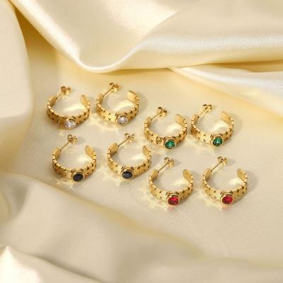 China Cute Statements 14K Gold Plated C Shaped Earrings With Zircon Vintage Stainless Steel Wedding Earrings for sale