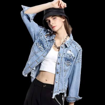 China Viable Italian Jeans Brands Rivet Fringed Oversized Washed Jean Denim Jacket With Button Womens Jeans Casual Jacket For Women for sale