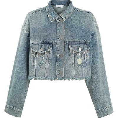 China Custom Factory Women Jean Jacket With Diamond Tassel Pocket Breathable Blue Italian Jeans Brands for sale