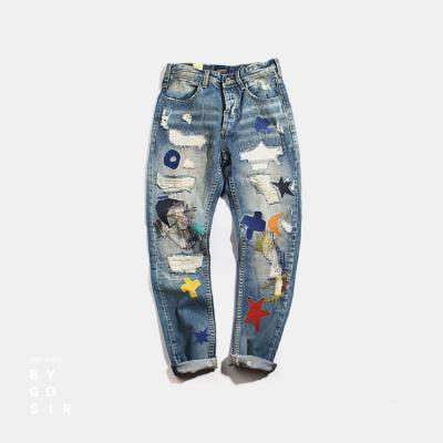 China OEM Men Jeans Factory Breathable Skinny Embroidery Stacked Stretch Vintage Cargo Rags Blue Jeans for sale