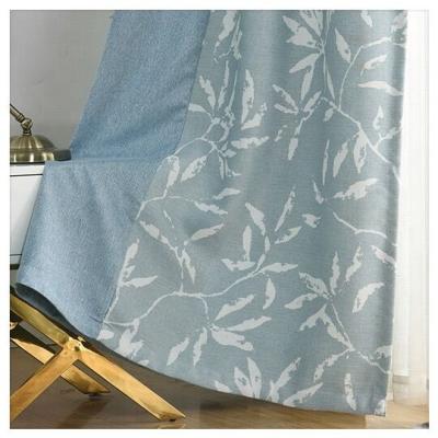 China Light Blue Blackout Leaves Print Blackout Decoration Cotton Bedroom Window Curtains for sale