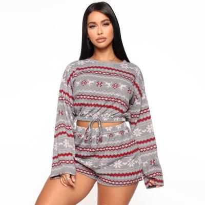 China Christmas 2021 Sustainable Wear Hot Christmas Snowflake Print Long Sleeve Autumn Lounge Wear Sets Shorts Set Two Piece Sets for sale