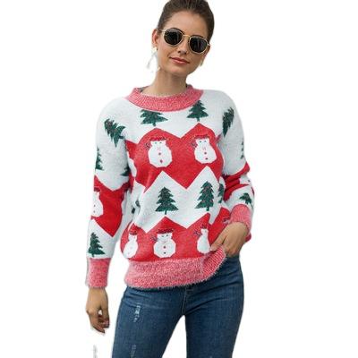 China 2021 New Anti-wrinkle Women Long Sleeve Thick Sweater Autumn Winter Warm Knitted Christmas Sweaters Soft Touch Snow Man Pattern for sale