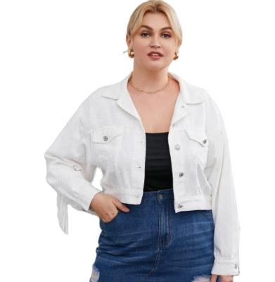 China Viable wholesale high quality custom fashion fringe denim jacket with pocket women simple white solid color denim jacket for sale