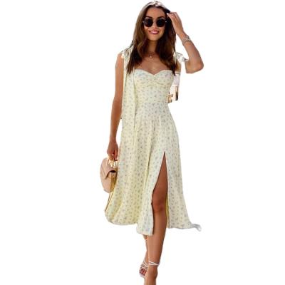 China Breathable Casual Backless Zipper Lace Up Slit Up Midi Dress Women Summer Dresses Floral Bow Strap Dress for sale