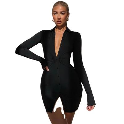 China Autumn Black Split Long Sleeve Bodycon Shirt Dress Women's Breathable Turn-Down Collar Dress Basic Straight Casual Dress for sale