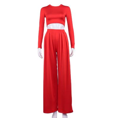 China Winter Breathable O-Neck Pants Set Womens Long Sleeve Tops Wide Leg Pants Two Piece Sets Celebrity Casual 2 Piece White Set Red for sale