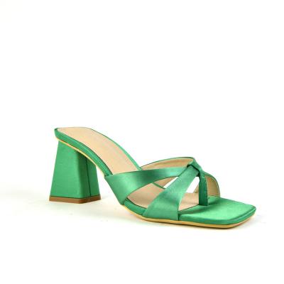 China Fashion Trend Refreshing Slide Sandal Summer High Heel Strap Green Silk Sandals Women Shoes Chunky Wedge Heels Flip Flops Ladies Shoes for sale