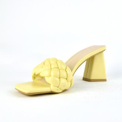 China Fashion Trend Braiding Women High Heel Sandal Shoes Stable Wedge Heels Woman Shoes Young Bright Yellow Girls Party Outdoor Slippers for sale