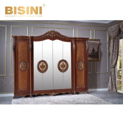 China EUROPEAN Antique Luxury Six-Door Wardrobe With Large Mirror Jonery Cut Out Bedroom Furniture For Storage for sale