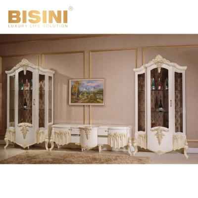 China Graceful Storage Villa Style Living Room Furniture Set TV Stand and Wine Gold Wood Carving Cabinet for sale