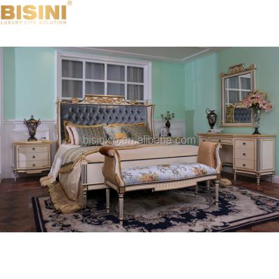 China BISINI Luxury Hand Painted White French King&Queen Bed Sets, Elegant Carved Wood Bedroom Furniture for sale