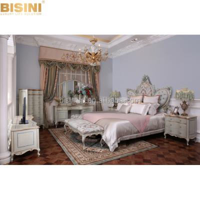 China BISINI Hand Painted Luxury Accent King&Queen Bed Sets, Elegant Carved Wood Bedroom Furniture for sale