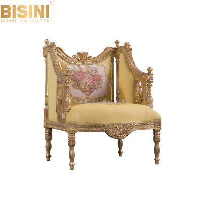 China Hand Carved Luxury Elegant French Royal BISINI Gold Leaf Fabric One Seater Sofa, Embroidery Bergere Chair For Home for sale