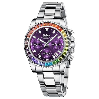 China Chronograph Ladies Gifts Rainbow Crystals Diamond Wristwatches Battery Chronograph Watch for Stylish Girls for sale