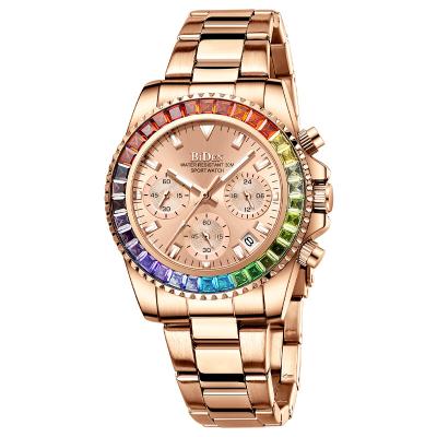 China BIDEN 0163 Chronograph Rainbow Crystals Diamond Ladies Watch Quartz Womens Wristwatches With Stainless Steel Strap for sale