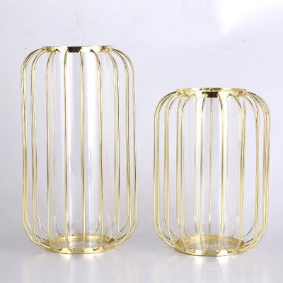 China Decoration flower pot office home, wedding decoration Nordic INS lantern form wrought iron gold glass vase for sale