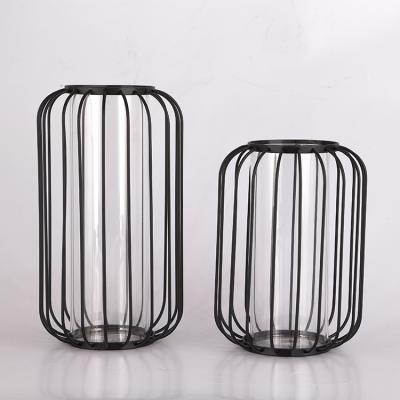 China Lantern Desktop Hydroponic Vase Test Tube Decoration Home Office Ornaments Spray To Paint Wrought Iron Black Glass Vase for sale