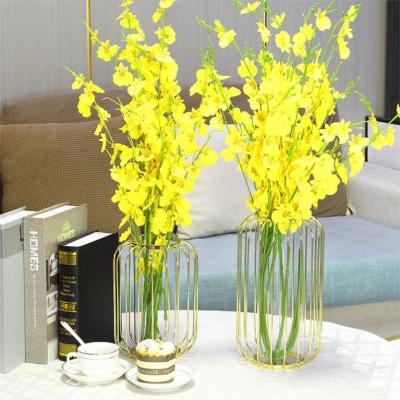 China Desktop Decoration New Art Design Customized Size Hand Made Glass Vase With Metal Base Wedding Party Home Decoration for sale