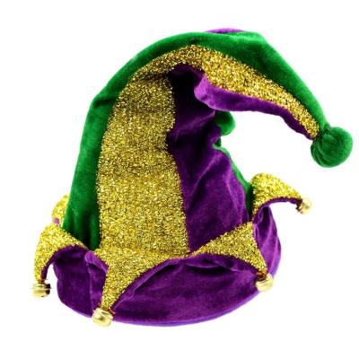 China Purple Green and Gold Mardi Gras Musical Dancing Jester Costume Accessory Mardi Gras Hat for sale