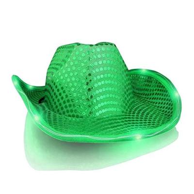 China Irish Green Cowboy Hat Flashing Light Shamrock Sequin St Patrick's Day Polyester Polyester Up Sequin Hat for sale