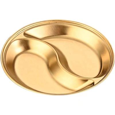 China Small Sustainable Korean Style BBQ Sauce Dishes 2/3 Compartments Metal Stainless Steel Round Dipping Dish for sale