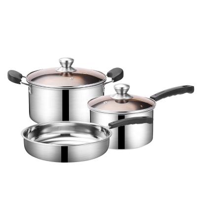 China Well Selling Sustainable Stainless Steel Kitchen Cooking Pot Sets Three Piece Pan Soup Pot Cookware Sets for sale