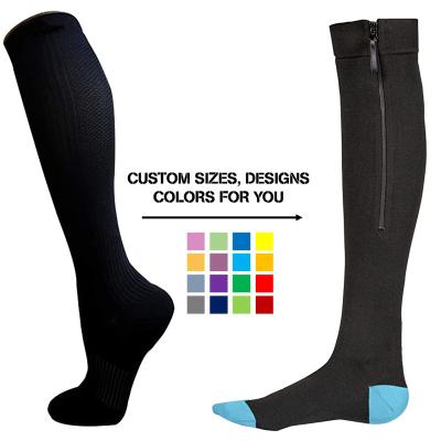 China Breathable Logo Zipper Custom Compression Socks Mens Sport Knee High Compression 20-30mmhg High Socks With Zipper for sale