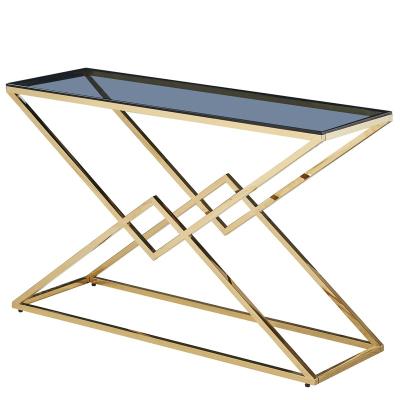 China (Other) 6K Adjustable Polished Hall Table Gold Color Tempered Glass Stainless Steel Blue Console Table Corner Console Table for sale