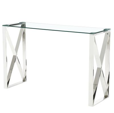 China Elegant stainless steel (other) sliver console table wholesale adjustable metal base glass top living room console table for sale