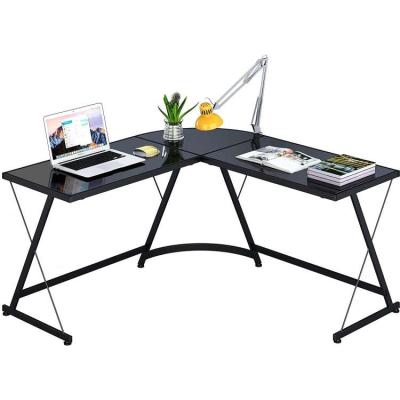 China Glass-metal Corner Furniture Table L Shaped Tempered Modern Metal Frame Computer Desk Modern Home Office for sale