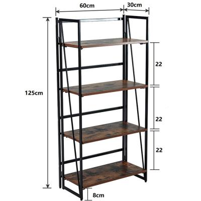 China Rustic 4 Tier Foldable Bookcase Shelf, Metal and Wood Book Shelving Display Rack, Folding Bookshelf for sale