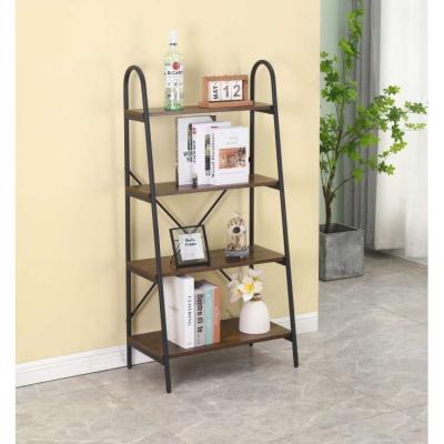 China 4 Tiers Style Shelf Walnut Wood Metal Bookcase Open Storage Modern Rustic Shelves Brown for sale